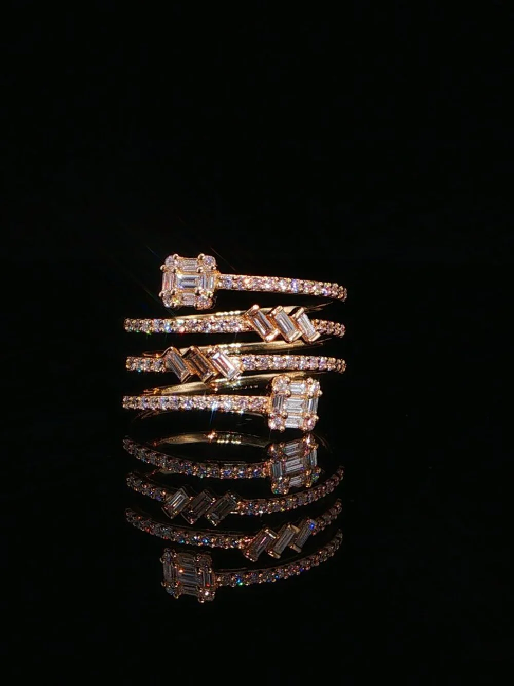 14K Yellow Gold Spiral Coil Baguette & Pavé Diamond Ring | Lab grown diamonds